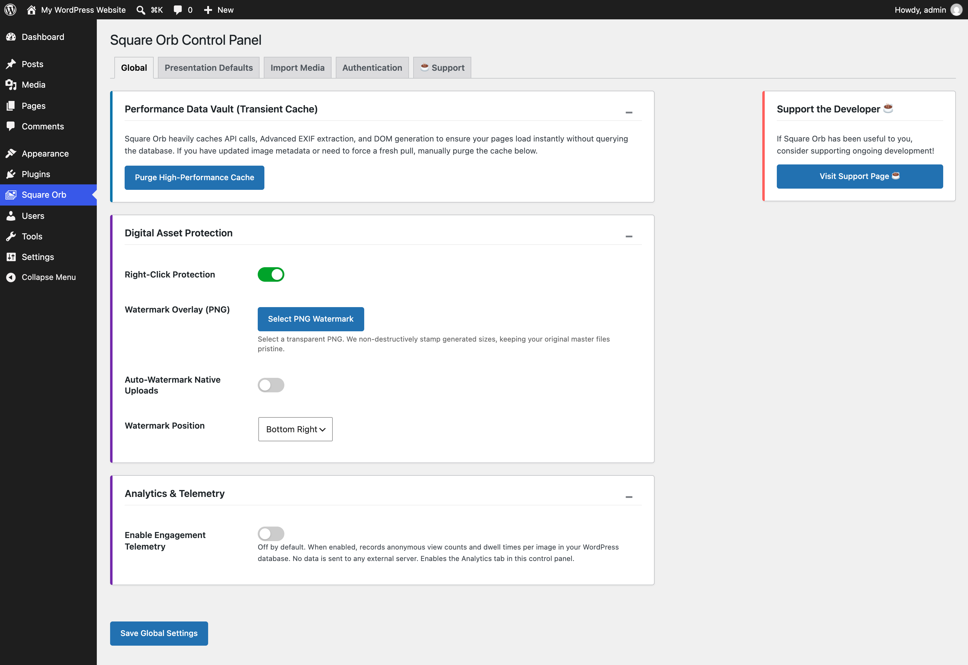 Square Orb Control Panel - Global Tab