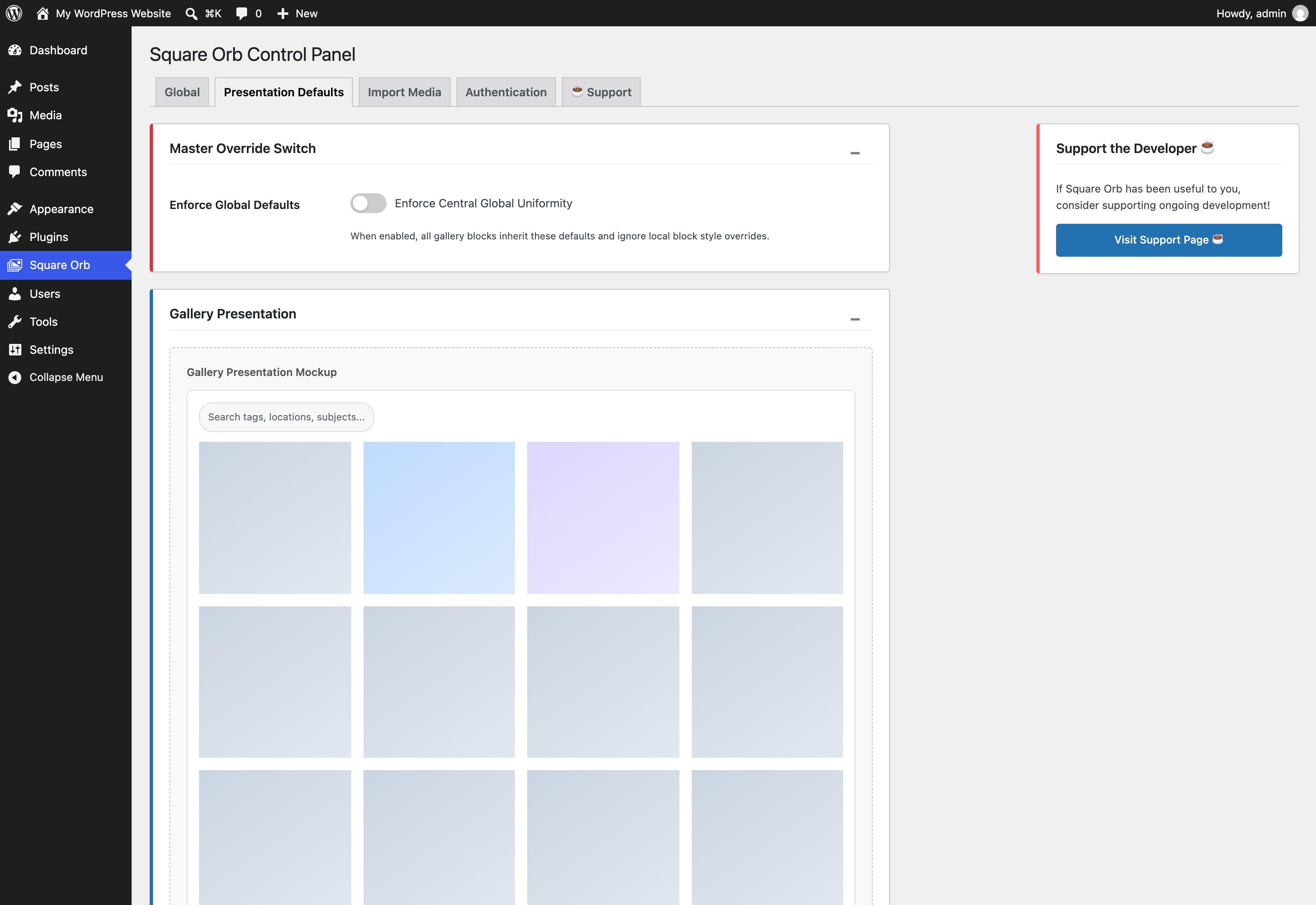 Square Orb Control Panel - Presentation Defaults